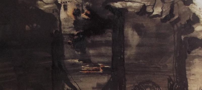 Ce détail d'un dessin de Victor Hugo représente les ruines (poutres verticales calcinées soutenant encore une arche à demie effondrée) d'un bâtiment incendiée. À qui la faute ?