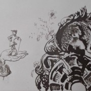 Ce détail de deux dessins de Victor Hugo représente un homme qui marche sur une main, bicorne sur la tête et canne à la main et un buste de femme dans son médaillon apparemment indifférente. L'éternelle chanson ?