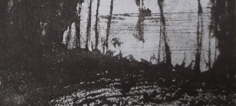 Détail d'un dessin de Victor Hugo : D'une clairière dans les sous-bois, une barque à voile s'éloigne dans le crépuscule. En bas à doite, la signature : V. HUGO.