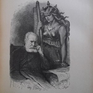 Gravure en noir et blanc qui représente Victor Hugo assis, soucieux, sous le regard d'une gorgone en armure, armée d'une épée au fourreau et d'un fléau sur lequel est inscrit 1870-71.
