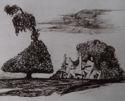 Ce détail d'un dessin de Victor Hugo représente l'aurore sur un arbre tordu et un village en arrière-plan.