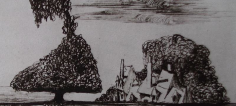 Ce détail d'un dessin de Victor Hugo représente l'aurore sur un arbre tordu et un village en arrière-plan.