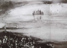 Ce détail d'un dessin de Victor Hugo représente les hauteurs d'une ville donnant sur un lac dans lequel apparaît une autre ville, elle-même reflétée par son négatif en écho.