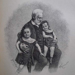 Gravure en noir et blanc qui représente Victor Hugo avec ses petits-enfants, Jeanne et Georges, sur ses genoux.
