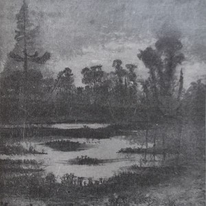 Gravure en noir et blanc qui représente un étang au crépuscule.