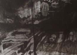 Ce détail d'un dessin de Victor Hugo représente une soupente dans laquelle semblent allongés des corps. On distingue un visage tourmenté.
