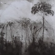 Ce détail d'un dessin de Victor Hugo représente un château qui apparaît derrière un rideau d'arbres, après une pluie d'été.