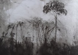 Ce détail d'un dessin de Victor Hugo représente un château qui apparaît derrière un rideau d'arbres, après une pluie d'été.