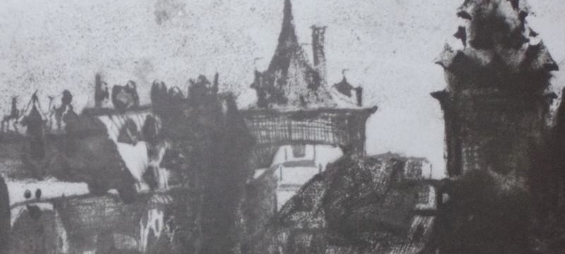 Ce détail d'un dessin de Victor Hugo représente deux tours perchées et jointes par un pont au-dessus du gouffre.