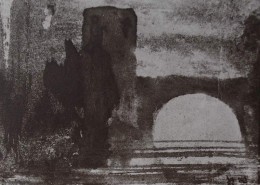Détail d'un dessin de Victor Hugo qui représente la tour splendide et haute qui contient le sombre beffroi et le pont qui enjambe une rivière en direction de Mademoiselle J. (Juliette Drouet)