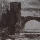 Détail d'un dessin de Victor Hugo qui représente la tour splendide et haute qui contient le sombre beffroi et le pont qui enjambe une rivière en direction de Mademoiselle J. (Juliette Drouet)