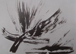 Ce détail d'un dessin de Victor Hugo représente, de façon abstraite, une sorte de tronc pourvu d'ailes, lors de son envol.