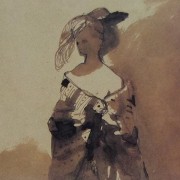 Ce détail d'un dessin de Victor Hugo représente une femme avec un décolleté et sa mante, ce qui permet au poète de la saluer par : Ave dea.