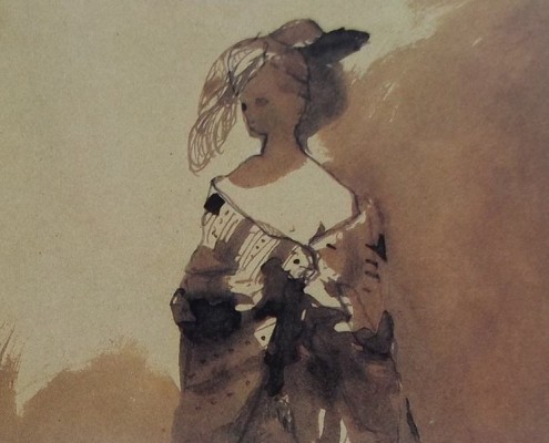 Ce détail d'un dessin de Victor Hugo représente une femme avec un décolleté et sa mante, ce qui permet au poète de la saluer par : Ave dea.