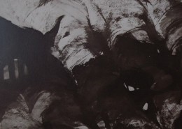 Ce détail d'un dessin de Victor Hugo représente les organes de la bête immonde, sous forme de taches sombres et de colonnes couchées comme des moraines. Il y a une sorte de soupirail avec deux barreaux sur la gauche.