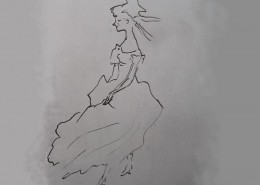 Ce détail d'un dessin de Victor Hugo représente une jeune femme rougissant dans sa robe.