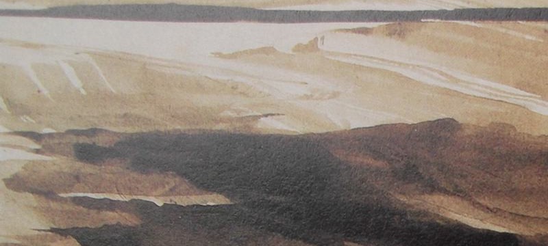 Ce détail d'un dessin de Victor Hugo représente, de façon abstraite, des taches d'ombre en mouvement avec une ligne sombre sur l'horizon.