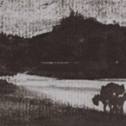 Ce détail d'un dessin de Victor Hugo représente une campagne au bord d'un lac, avec un arbre au premier plan et la silhouette d'un moulin sur une colline au-dessus de ce lac.