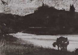 Ce détail d'un dessin de Victor Hugo représente une campagne au bord d'un lac, avec un arbre au premier plan et la silhouette d'un moulin sur une colline au-dessus de ce lac.
