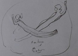 Ce détail d'un dessin de Victor Hugo représente deux êtres (deux âmes ?) qui se croisent dans un cercle dessiné à la main, avec les mots « Sum horor et dolor » inscrits juste en dessous.