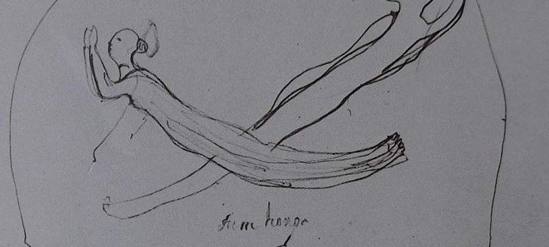 Ce détail d'un dessin de Victor Hugo représente deux êtres (deux âmes ?) qui se croisent dans un cercle dessiné à la main, avec les mots « Sum horor et dolor » inscrits juste en dessous.