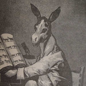 Gravure en noir et blanc qui représente un âne, avec ses grandes oreilles, assis devant un livre ouvert, et tourné vers le lecteur.