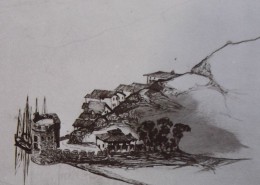 Ce détail d'un dessin de Victor Hugo représente un village agrippé à la montagne et plongeant dans la mer, avec sa tour près de laquelle sont amarrés des voiliers.