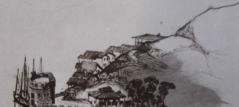 Ce détail d'un dessin de Victor Hugo représente un village agrippé à la montagne et plongeant dans la mer, avec sa tour près de laquelle sont amarrés des voiliers.