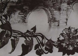 Ce détail d'un dessin de Victor Hugo représente une fleur à longue tiges entrelacées, une sorte de demoiselle, derrière laquelle apparaissent les piliers d'un pont.