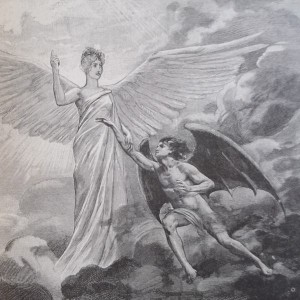 Un ange déchu (masculin) tend un bras vers un ange de gloire (féminin), au-dessus des nuages.