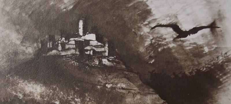 Ce détail d'un dessin de Victor Hugo représente une fortification sur un mont d'où s'éloigne un corbeau à tire-d'aile.