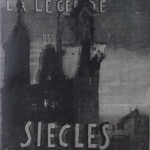 Ce détail d'un dessin de Victor Hugo représente un château, sombre, avec l'inscription LA LEGENDE DES SIECLES.