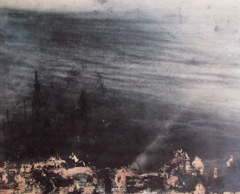 Ce détail d'un dessin de Victor Hugo représente les fragments d'une ville disparue, engloutie dans des profondeurs.