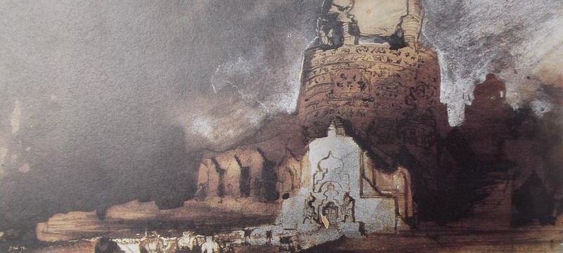 Ce détail d'un dessin de Victor Hugo représente une cité Moloch vers laquelle se dirige des populations brandissant des oriflammes. La signature de Victor Hugo est visible en bas à droite avec la date 1860.