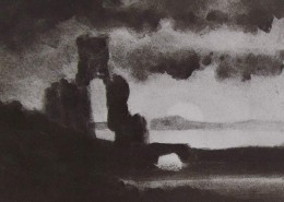 Ce détail d'un dessin de Victor Hugo représente une ruine et un petit pont en bord de mer (ou d'un grand fleuve puisqu'on voit l'autre rive) et, sur l'horizon, le disque solaire en partie masqué.