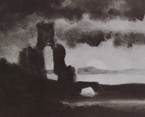 Ce détail d'un dessin de Victor Hugo représente une ruine et un petit pont en bord de mer (ou d'un grand fleuve puisqu'on voit l'autre rive) et, sur l'horizon, le disque solaire en partie masqué.