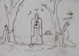Ce détail d'un dessin de Victor Hugo représente un être couvert d'une cagoule et d'une grande robe avec un œil pectoral ; deux êtres aux cheveux dressés l'entourent derrière un arbres qu'ils tiennent en leurs bras sans mains. Au fond, le disque solaire apparaît.