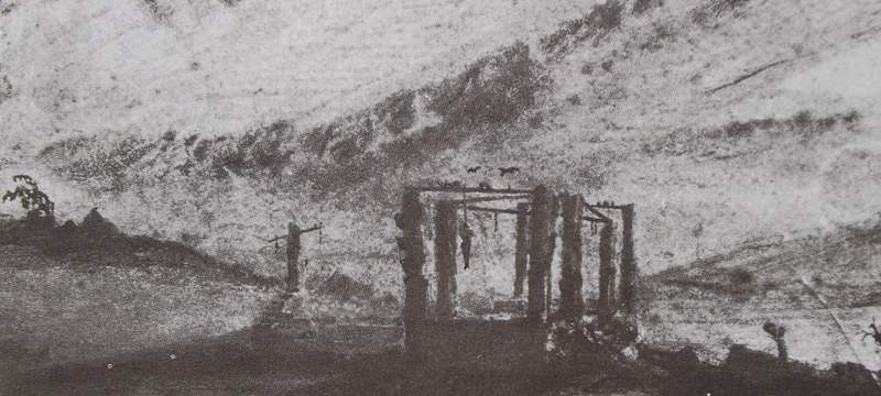 Ce détail d'un dessin de Victor Hugo représente un gibet, auquel sont accrochés des pendus, et une croix, sur une colline, sous un ciel de traîne.