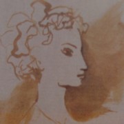 Ce détail d'un dessin de Victor Hugo représente le visage de profil d'une jeune femme sur un fond ocre.
