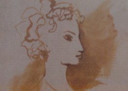 Ce détail d'un dessin de Victor Hugo représente le visage de profil d'une jeune femme sur un fond ocre.