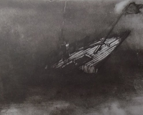 Ce détail d'un dessin de Victor Hugo représente l'épave d'un navire coupé en deux, la proue levée vers le ciel.