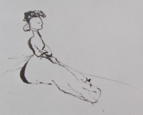 Ce détail d'un dessin de Victor Hugo représente une jeune femme assise, bras croisés, raide, indifférente.