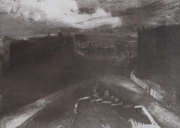 Ce détail d'un dessin de Victor Hugo représente une route de terre menant à une grande ville en contrebas.