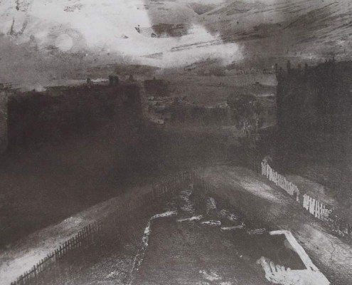 Ce détail d'un dessin de Victor Hugo représente une route de terre menant à une grande ville en contrebas.