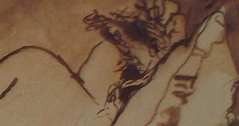 Ce détail d'un dessin de Victor Hugo représente la nuque d'une jeune femme en chignon, la tête posée sur un oreiller relevé.