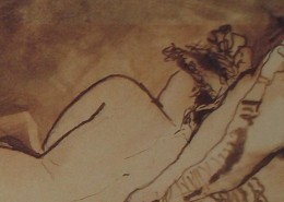 Ce détail d'un dessin de Victor Hugo représente le dos d'une jeune femme allongée, tête posée sur un oreiller.
