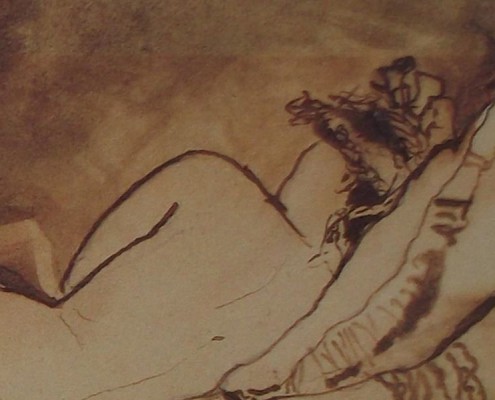 Ce détail d'un dessin de Victor Hugo représente le dos d'une jeune femme allongée, tête posée sur un oreiller.