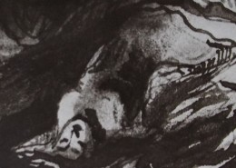 Ce détail d'un dessin de Victor Hugo représente une jeune femme allongée, la têt basculée en arrière, tournée vers le ciel, ou vers Booz endormi.