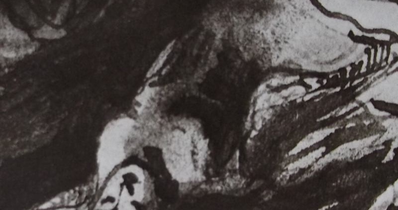 Ce détail d'un dessin de Victor Hugo représente une jeune femme allongée, la têt basculée en arrière, tournée vers le ciel, ou vers Booz endormi.