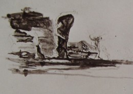 Ce détail d'un dessin de Victor Hugo représente une forme qui se dresse dans la nature, ou qui jaillit des taches du dessin, comme si ce siècle avait deux ans...